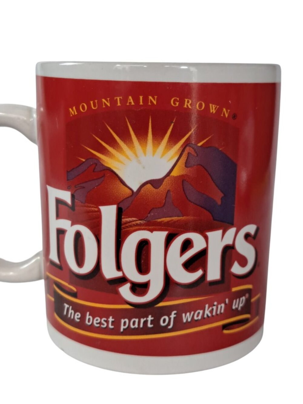 Vintage Folgers Coffee Mug Houston Harvest Mountain Grown Sun Over Mountains Red - Picture 6 of 11